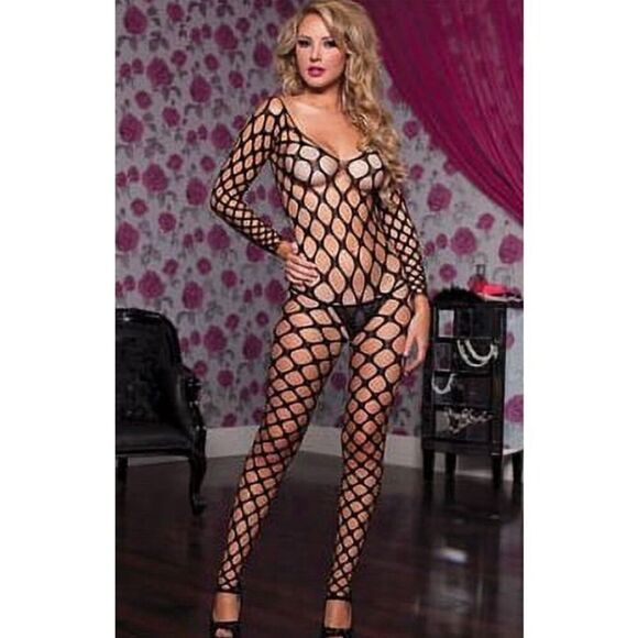 Seven 'til Midnight Bold Fishnet Bodystocking Long Sleeve 20420 One Size Black - Picture 1 of 6